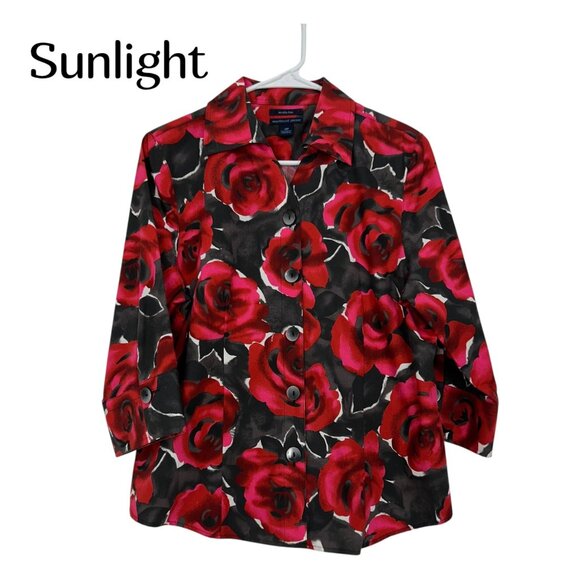 Westbound Tops - Westbound Petites Rose Print Button-Up Blouse Women SZ 12P Wrinkle-Free Cotton